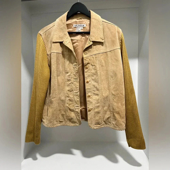 Vintage A.M.I. Women’s lined Tan Leather Suede Jacket Knit Sleeves size large - Picture 2 of 7